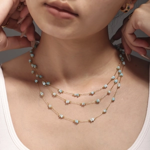 Three-layer gold stainless steel necklace with light blue amazonite chips for women