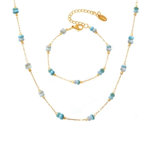 Double-layered stainless steel necklace and bracelet set with light blue amazonite stones