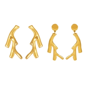 Artistic gold-plated coral branch stud and dangle earrings set in minimalist design