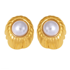 French style 18k gold plated stainless steel pearl earrings with shell texture finish