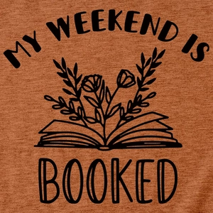 Detail of soft cotton T-shirt fabric with My Weekend is Booked floral book print