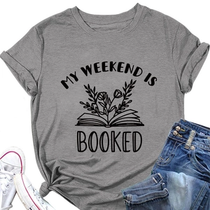 Detail of grey crewneck tee with floral book print and My Weekend is Booked text
