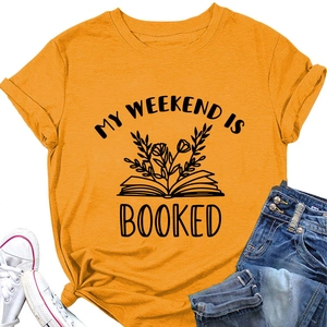 Flat lay of mustard yellow t-shirt with My Weekend Is Booked print and casual jeans