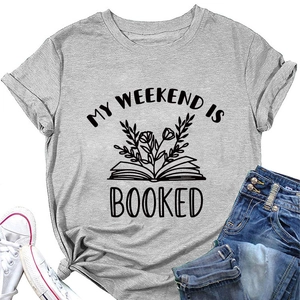 Detail of grey crewneck T-shirt with My Weekend is Booked graphic and stylish front knot