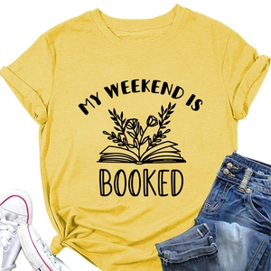 Detailed flat lay of a yellow cotton T-shirt with 'My Weekend is Booked' graphic print