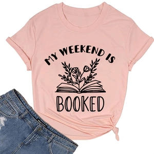 Detail of pink crew neck t-shirt with book illustration and stylish front hem knot