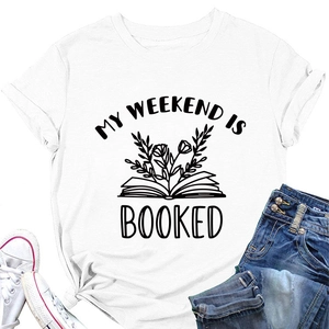 Close-up of white t-shirt featuring MY WEEKEND IS BOOKED text and floral book graphic