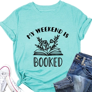 Detail of mint green T-shirt with My Weekend is Booked graphic and cuffed sleeves