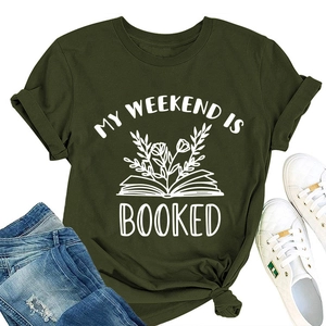 Army green t-shirt featuring 'My Weekend is Booked' graphic with floral book and tied hem