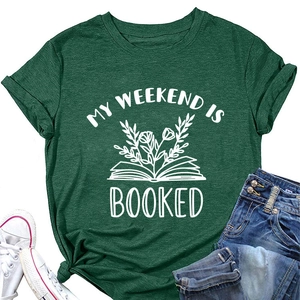 Detail of dark green t-shirt with My Weekend is Booked graphic and denim pairing