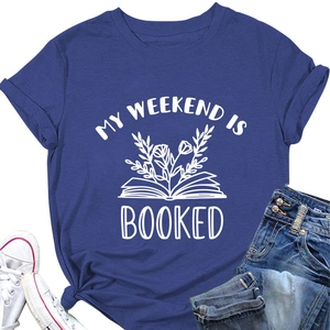 Detail of blue T-shirt with My Weekend Is Booked slogan and floral book print graphic