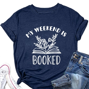 Detail of navy cotton t-shirt with My Weekend Is Booked floral print and flat lay styling