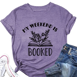Close-up of purple heathered T-shirt with My Weekend is Booked text and flower graphic