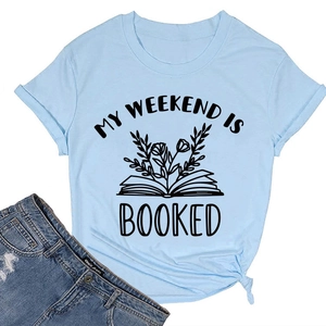 Close-up of light blue cotton T-shirt featuring My Weekend Is Booked floral book print