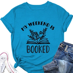 Detail of bright blue T-shirt featuring My Weekend Is Booked book and floral print design