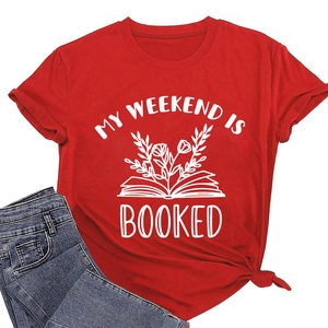 Detail of red crew neck T-shirt with My Weekend Is Booked floral print and side knot