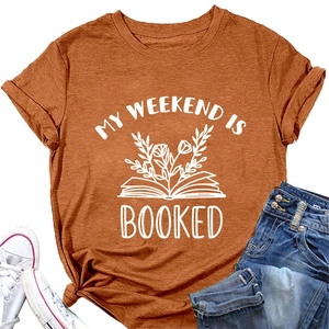 Close-up of caramel round neck T-shirt featuring My Weekend Is Booked floral book print