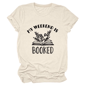 Detail of round neck T-shirt with 'MY WEEKEND IS BOOKED' text and floral book print