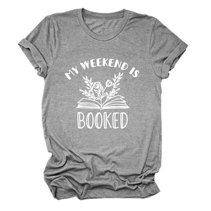 Detail of soft heather grey T-shirt featuring My Weekend Is Booked floral book print