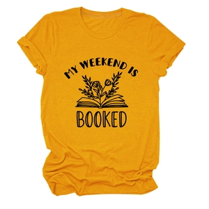 Detail of soft yellow cotton T-shirt featuring My Weekend Is Booked floral book graphic