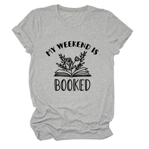 Detail of grey crew neck T-shirt featuring My Weekend is Booked text and floral book print