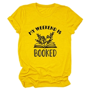 Detail of yellow cotton t-shirt featuring MY WEEKEND IS BOOKED text and floral illustration