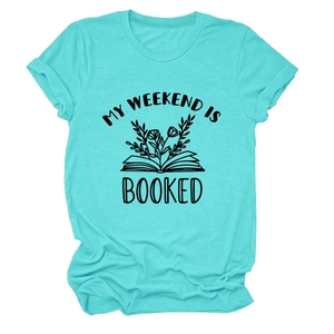 Detail of Tiffany blue T-shirt featuring My Weekend Is Booked book and floral graphic