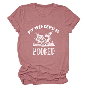 Detail of soft dusty rose t-shirt featuring artistic My Weekend Is Booked floral print