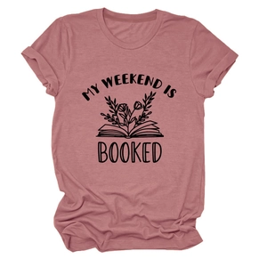 Close-up of MY WEEKEND IS BOOKED text and floral book illustration on cotton T-shirt