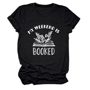 Detail of soft cotton crewneck T-shirt with white floral book print and 'Booked' text