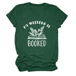 Detail of soft dark green T-shirt fabric with My Weekend is Booked floral book print