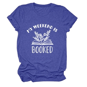 Detail of Heather Purple T-shirt with My Weekend is Booked text and floral book graphic