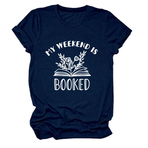 Detail of navy blue crew neck T-shirt with white MY WEEKEND IS BOOKED floral book print
