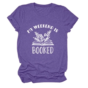 Close-up of My Weekend is Booked graphic print on purple cotton blend crewneck t-shirt
