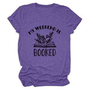 Detail of purple heather t-shirt featuring My Weekend Is Booked book graphic print