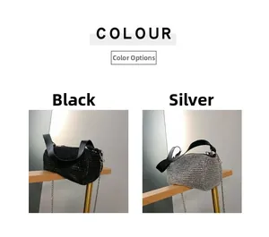 Detail view of cylindrical rhinestone evening bags in black and silver with chain straps