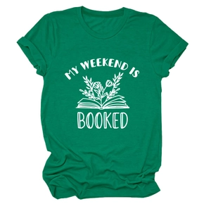 Detail of green cotton T-shirt featuring My Weekend is Booked graphic and cuffed sleeves