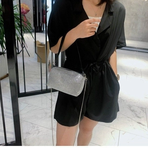 Silver rhinestone cylinder bag with leather handle and metal chain for women
