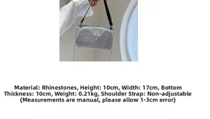 Detailed view of silver rhinestone cylinder bag with dimensions 17x10x10cm and chain strap