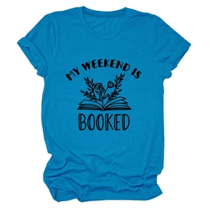 Detail of sky blue t-shirt sleeve cuff and 'My Weekend is Booked' graphic print