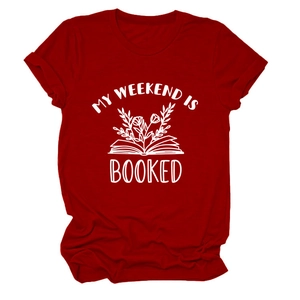Detail of burgundy T-shirt showing My Weekend is Booked graphic with floral book print