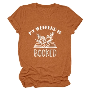 Detail of soft cotton t-shirt with My Weekend is Booked graphic and floral print