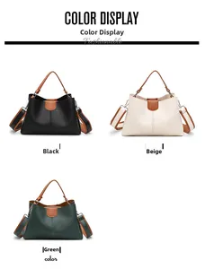 Detailansicht der Eimertaschen in Schwarz, Beige und Grün mit breiten Trageriemen