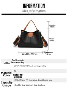 Größentabelle für Eimertasche mit Maßen 29x18x10cm sowie Material- und Gewichtsdetails
