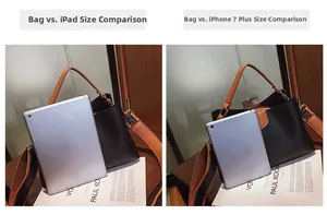 Größenvergleich der schwarz-braunen Leder-Beuteltasche mit einem iPad und einem iPhone