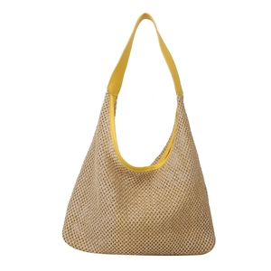 Woven straw tote bag with bright yellow handles, bohemian style summer shoulder handbag