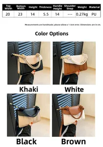 Size chart for color-block PU leather handbag showing precise dimensions and weights
