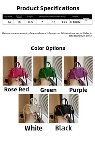 Detailed size chart and multi-color PU leather mini bucket bag specifications display