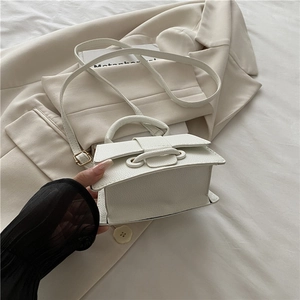 Detail view of white lychee texture mini handbag with gold metal hardware and flap closure