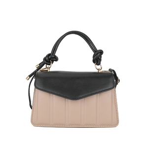 Chic black and beige contrast crossbody bag with vertical quilted texture and knotted handle